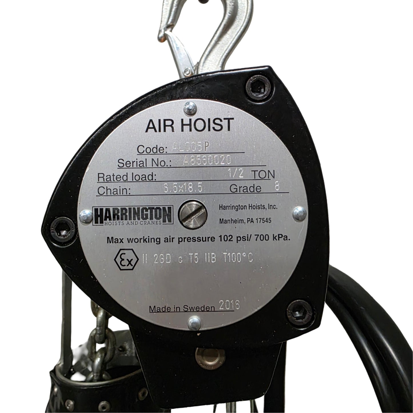Used Harrington AL005P 1/2 Ton Spark Resistant Air Hoist 10Ft Lift 6Ft Pendant 90PSI