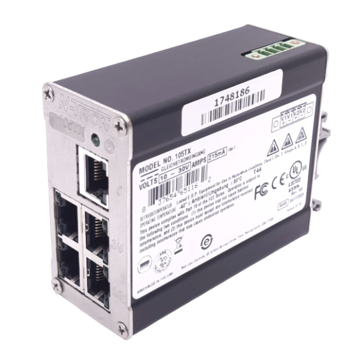 Used N-Tron 105TX Ethernet Switch, 5-Port RJ45, 10-30VDC, DIN Rail, 1.0Gb/s Max