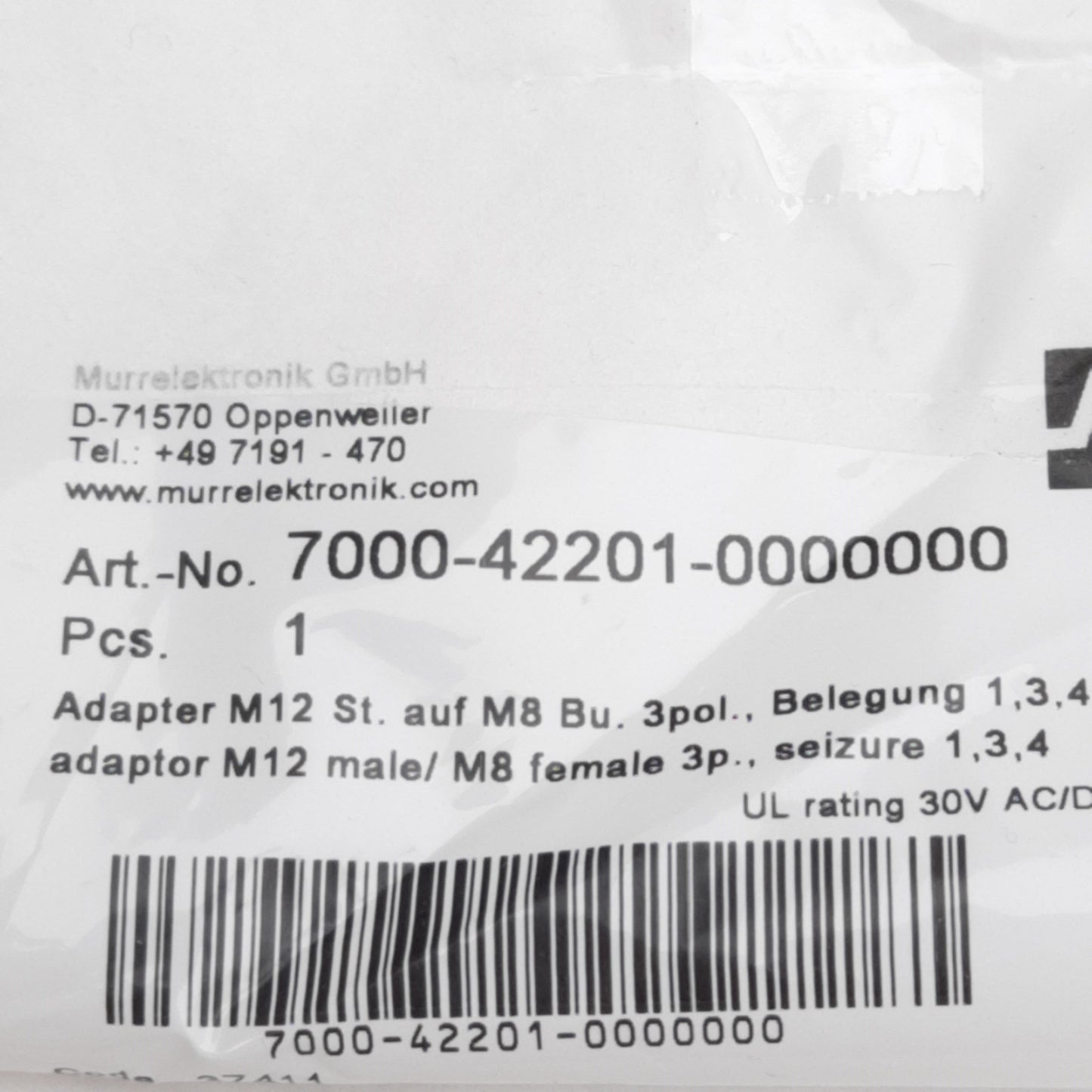 New Lot of 2 Murrelektronik 7000-42201-0000000 Connector, 3-Pin M12 M x 3-Pin M8 F