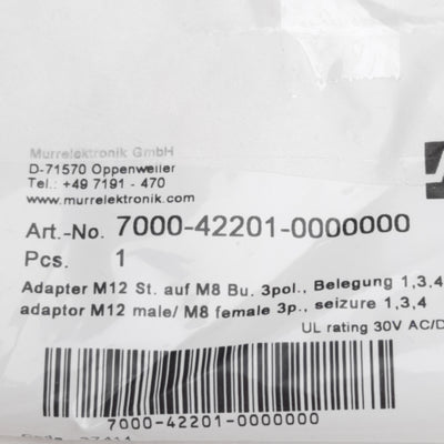 New Lot of 2 Murrelektronik 7000-42201-0000000 Connector, 3-Pin M12 M x 3-Pin M8 F
