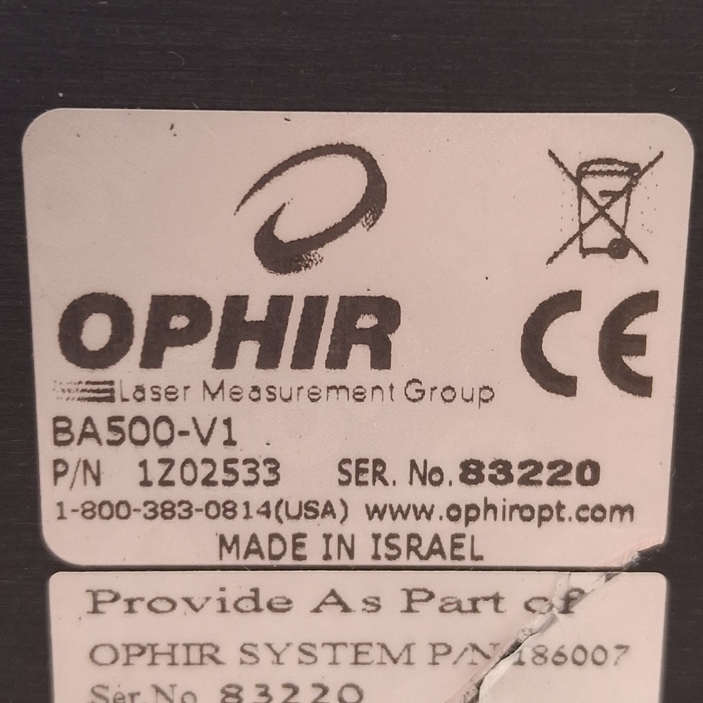 Used Ophir 1Z02533 BA500-V1 Industrial Laser Beam Analyzer, Firewire, BNC, DB25