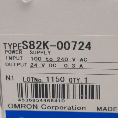 New Omron S82K-00724 Power Supply, 100-240VAC In, 0.3A 24VDC Out, DIN Rail