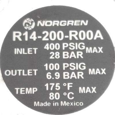 New Norgren R14-200-R00A Pressure Regulator 400psi In, 100psi Out, 12scfm, 1/4in PTF