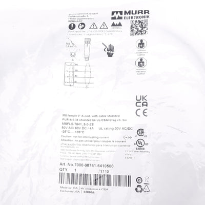 New Murr Elektronik 7000-08761-6410500 Connector Cable, M8 4-Pin F, 50VAC/60VDC, 5m