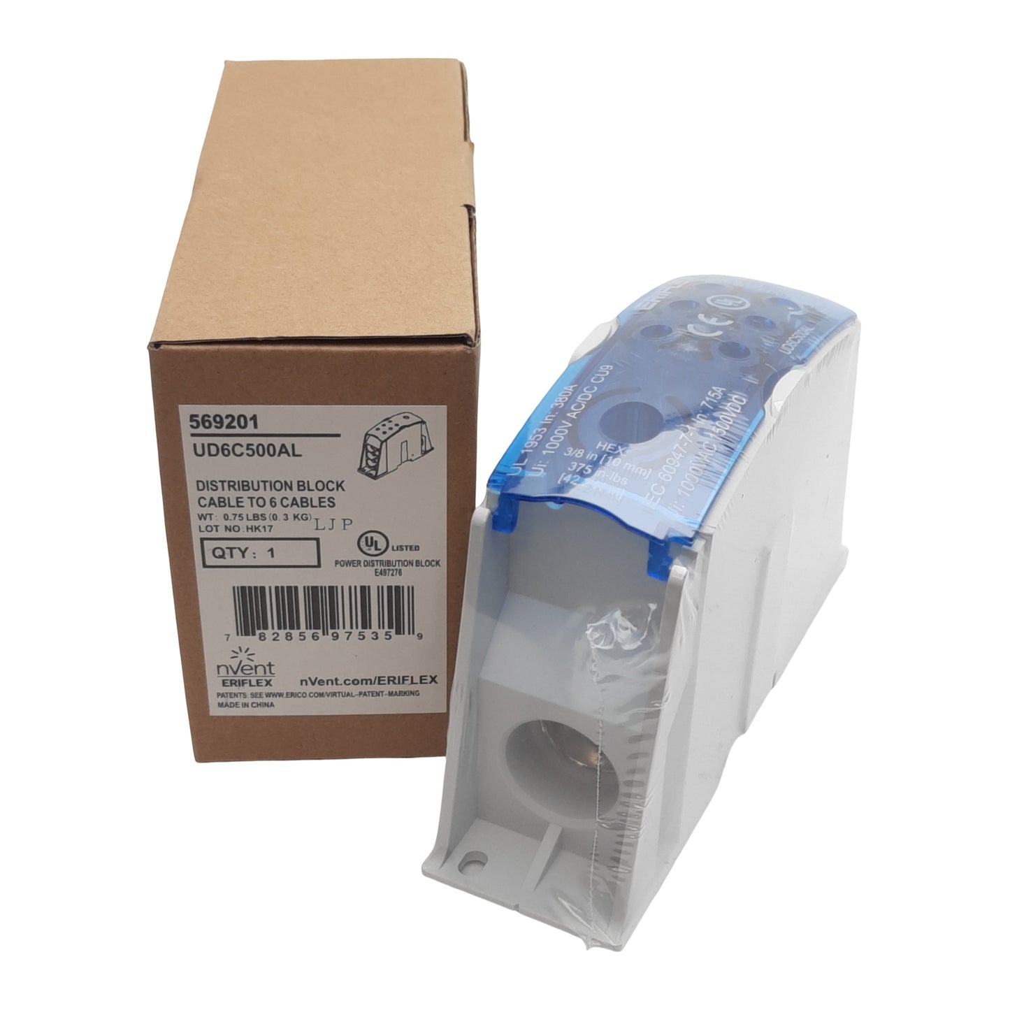 New nVent Eriflex UD6C500AL Distribution Block, 1-Pole, 380A 1000VAC/VDC, 1/6-Cable
