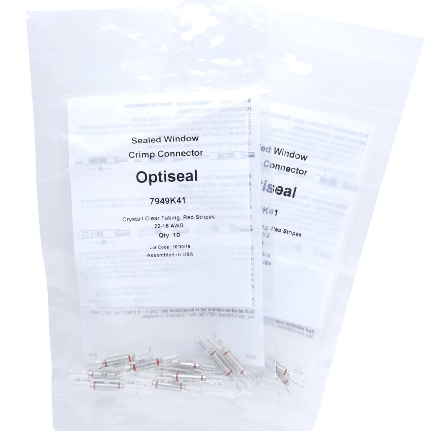 New Lot of 2 Optiseal 7949K41 Butt Connector Clear Tube Red Stripes 22-18AWG