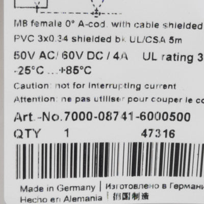 New Murrelektronik 7000-08741-6000500 Cordset 3-Pin M8 Female to Leads, 4A 50VAC, 5m