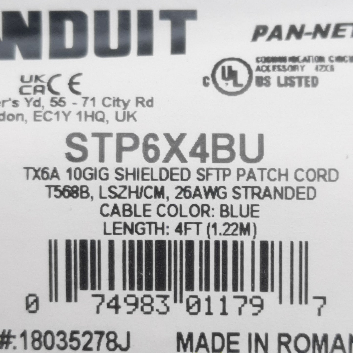 New Panduit STP6X4BU TX6A S/FTP Network Cable, RJ45 to RJ45 Male, 10Gig, 4ft