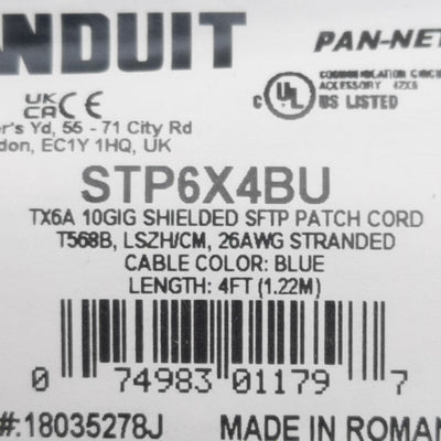 New Panduit STP6X4BU TX6A S/FTP Network Cable, RJ45 to RJ45 Male, 10Gig, 4ft