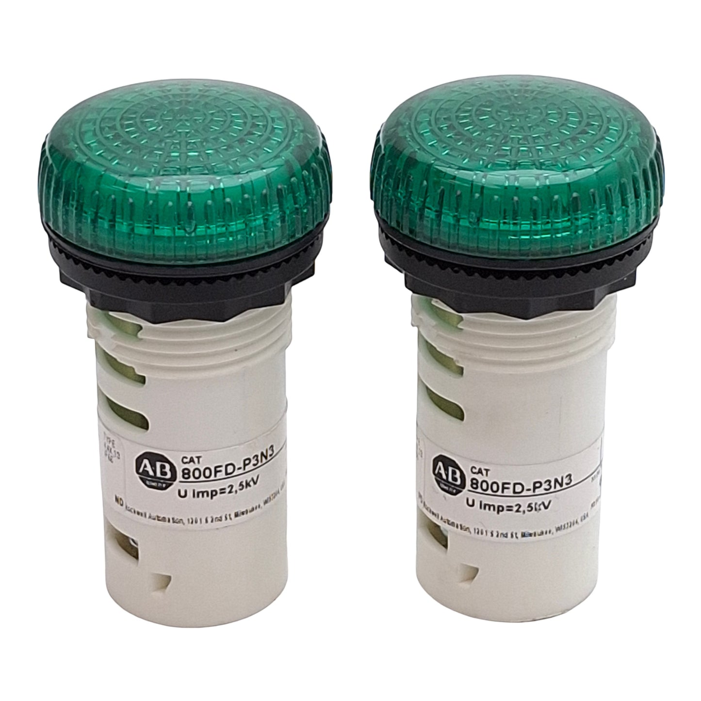 Used Lot of 2 Allen Bradley 800FD-P3N3 Green LED Pilot Light, 22mm, 24VAC/DC