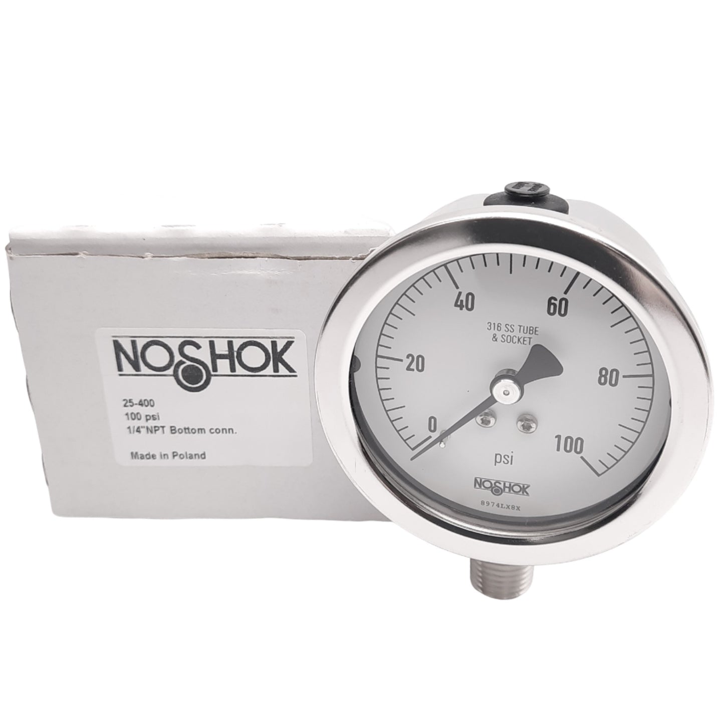 New NOSHOK 25-400-100-psi-1/4 Pressure Gauge, 0-100psi, 1/4in NPT, 2-1/2in Face