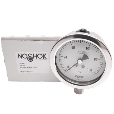 New NOSHOK 25-400-100-psi-1/4 Pressure Gauge, 0-100psi, 1/4in NPT, 2-1/2in Face