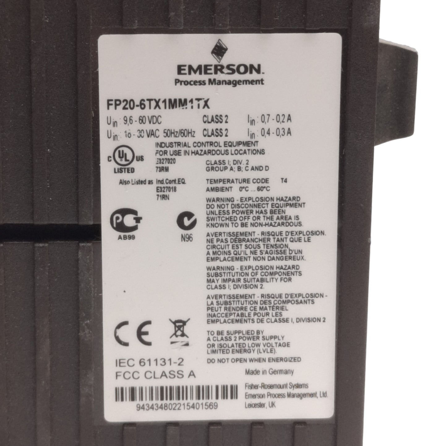 Used Emerson FP20-6TX1MM1TX Delta V Smart Switch, 8-Port Total, 24VDC, RJ45