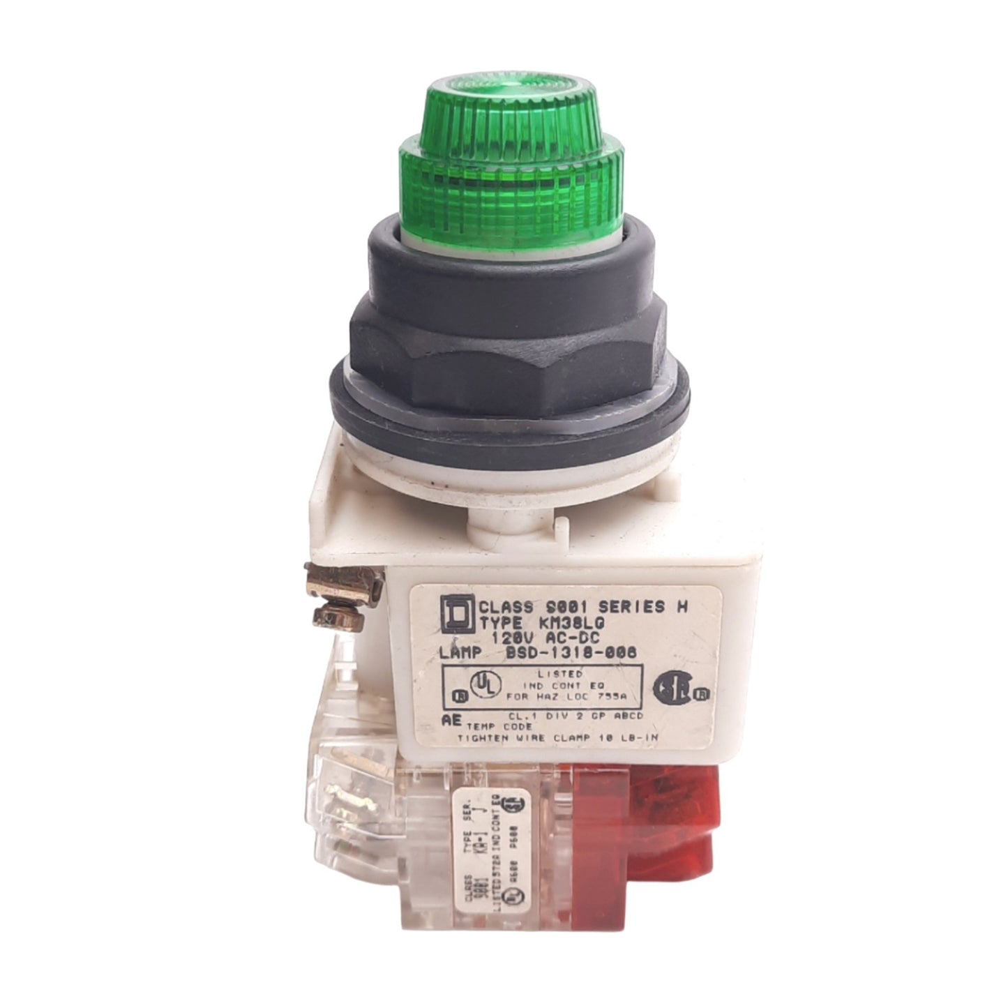 Used Square D 9001KM38LG Illuminated Pushbutton, ø30mm, 1NC 1NO + 1NC, 600V 10A Max