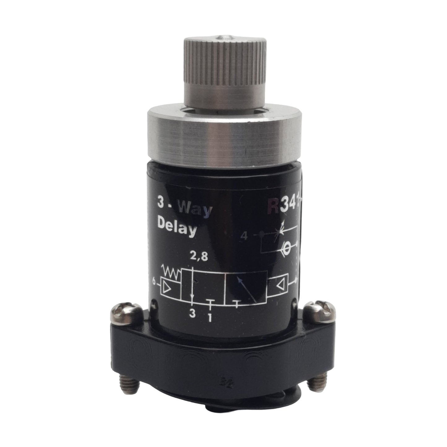 Used Clippard R-341 Spring Return Delay Valve, 8/3-Way, 9scfm at 100psig, 0-150psig