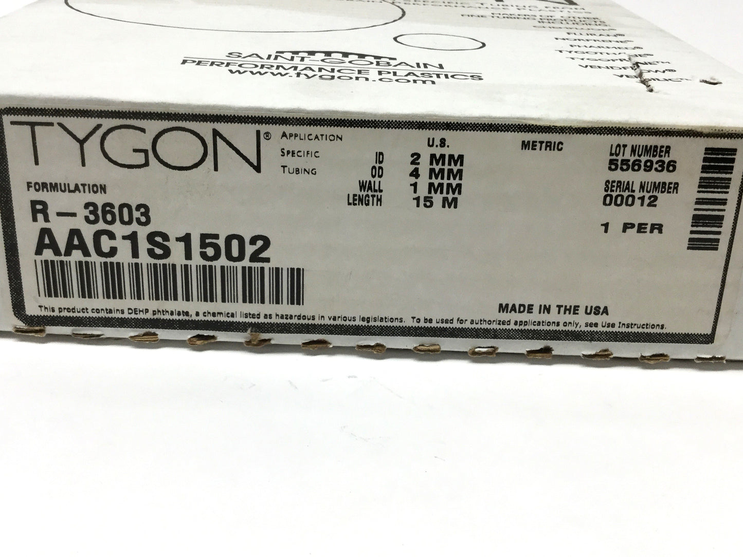 New – Open box Tygon AAC1S1502 R-3603 Lab Pump Tubing Hose 2mm ID, 4mm OD, 15m Long
