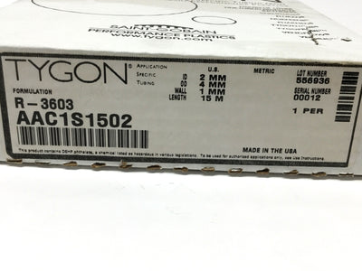 New – Open box Tygon AAC1S1502 R-3603 Lab Pump Tubing Hose 2mm ID, 4mm OD, 15m Long