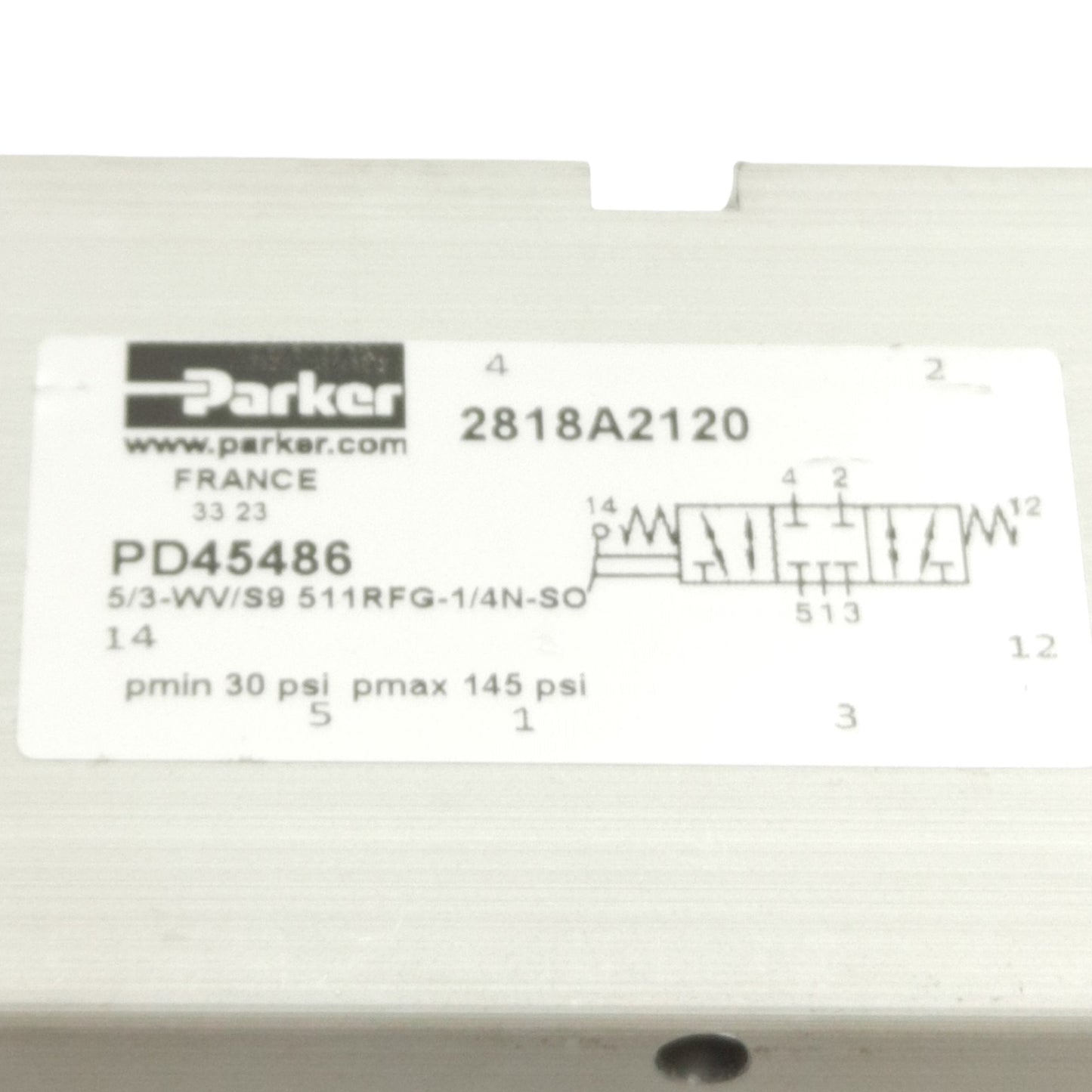 Used Parker PD45486 Manual Lever Valve, 1/4in NPT, 30-145psi, 5 Port 3 Position