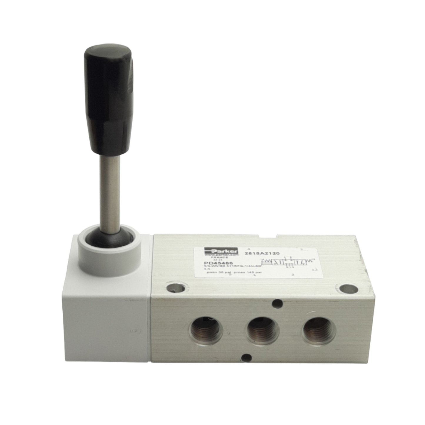 Used Parker PD45486 Manual Lever Valve, 1/4in NPT, 30-145psi, 5 Port 3 Position