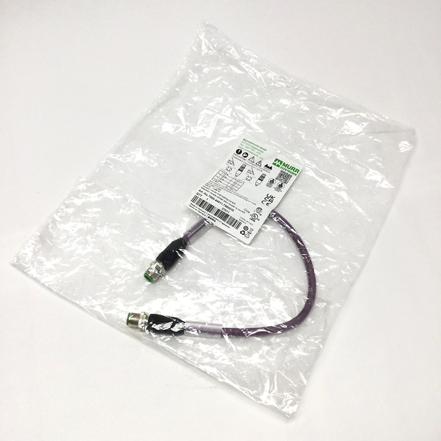 New Murr 7000-44511-7980030 CAT5e Ethernet Cordset M12 4-Pin Male-Male, D-Code, 0.3m