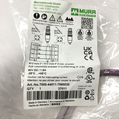 New Murr 7000-44511-7980030 CAT5e Ethernet Cordset M12 4-Pin Male-Male, D-Code, 0.3m