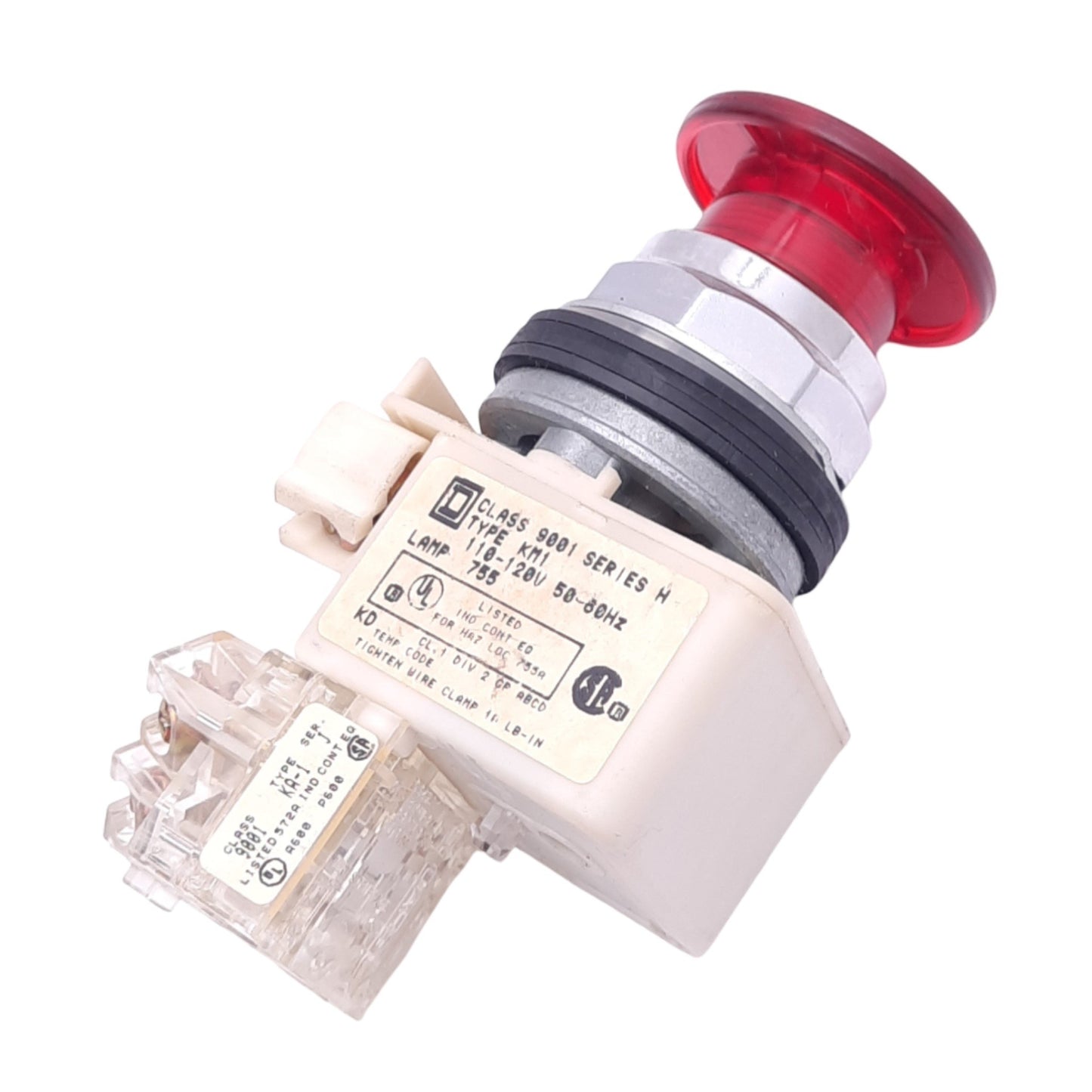 Used Square D 9001KM1 Illuminated Push/Pull E-Stop Button, ø30mm, 1NC 1NO, 600V 10A