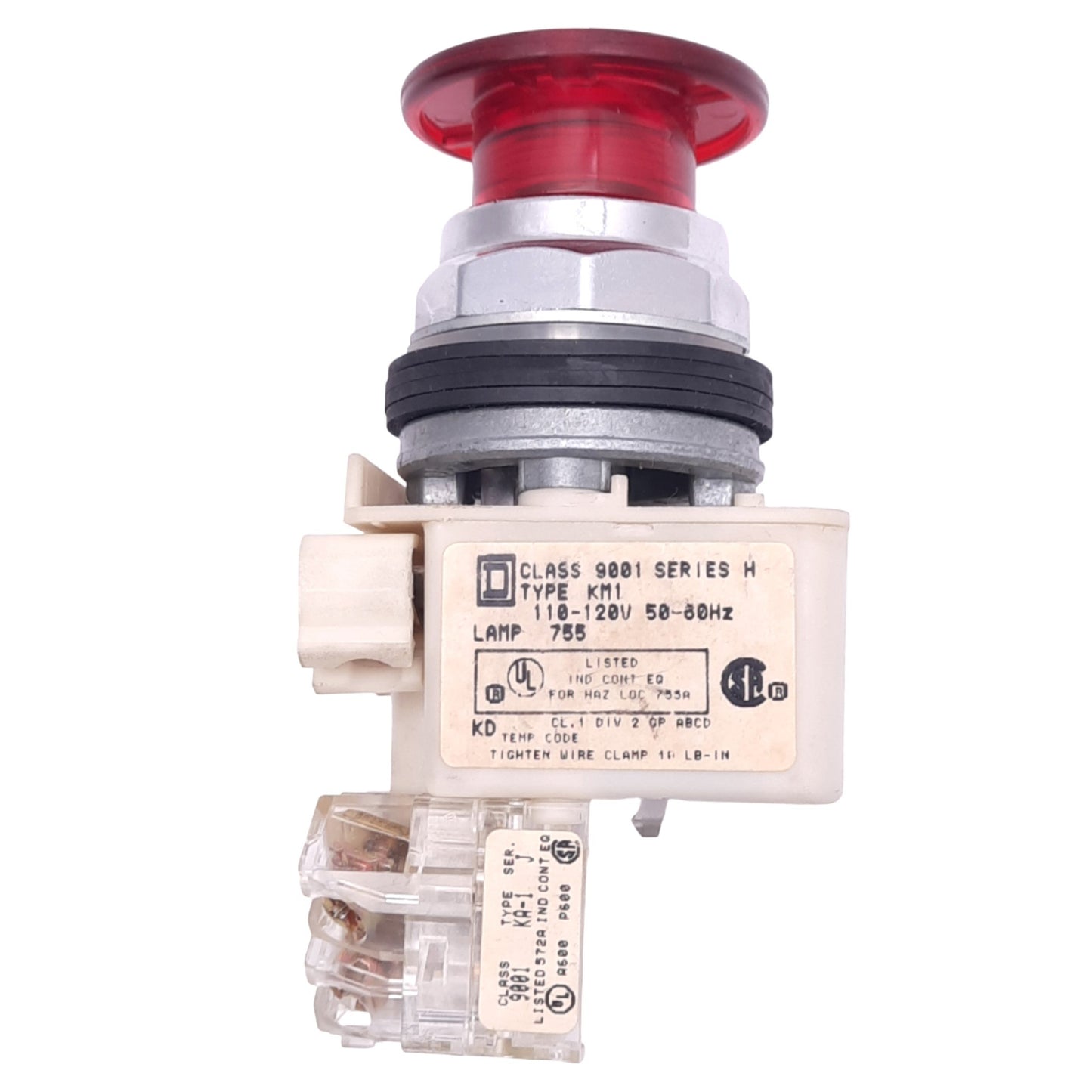 Used Square D 9001KM1 Illuminated Push/Pull E-Stop Button, ø30mm, 1NC 1NO, 600V 10A