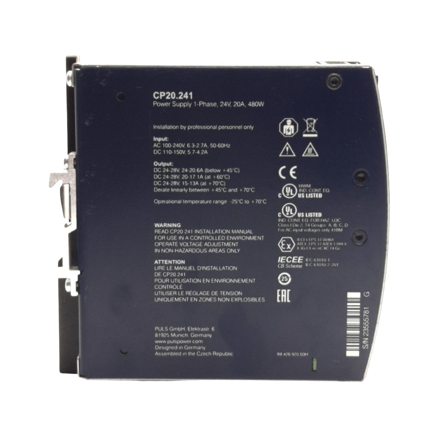 Used Puls CP20.241 Power Supply, 100-240VAC Input, 24-28VDC 20A Output, 480W