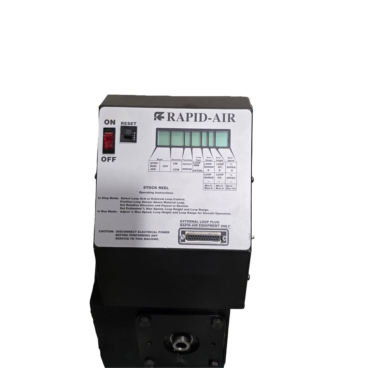 Used Rapid-Air R23F 100 Series Powered Stock Reel 75lbs Capacity, 18" Max Coil, 80RPM