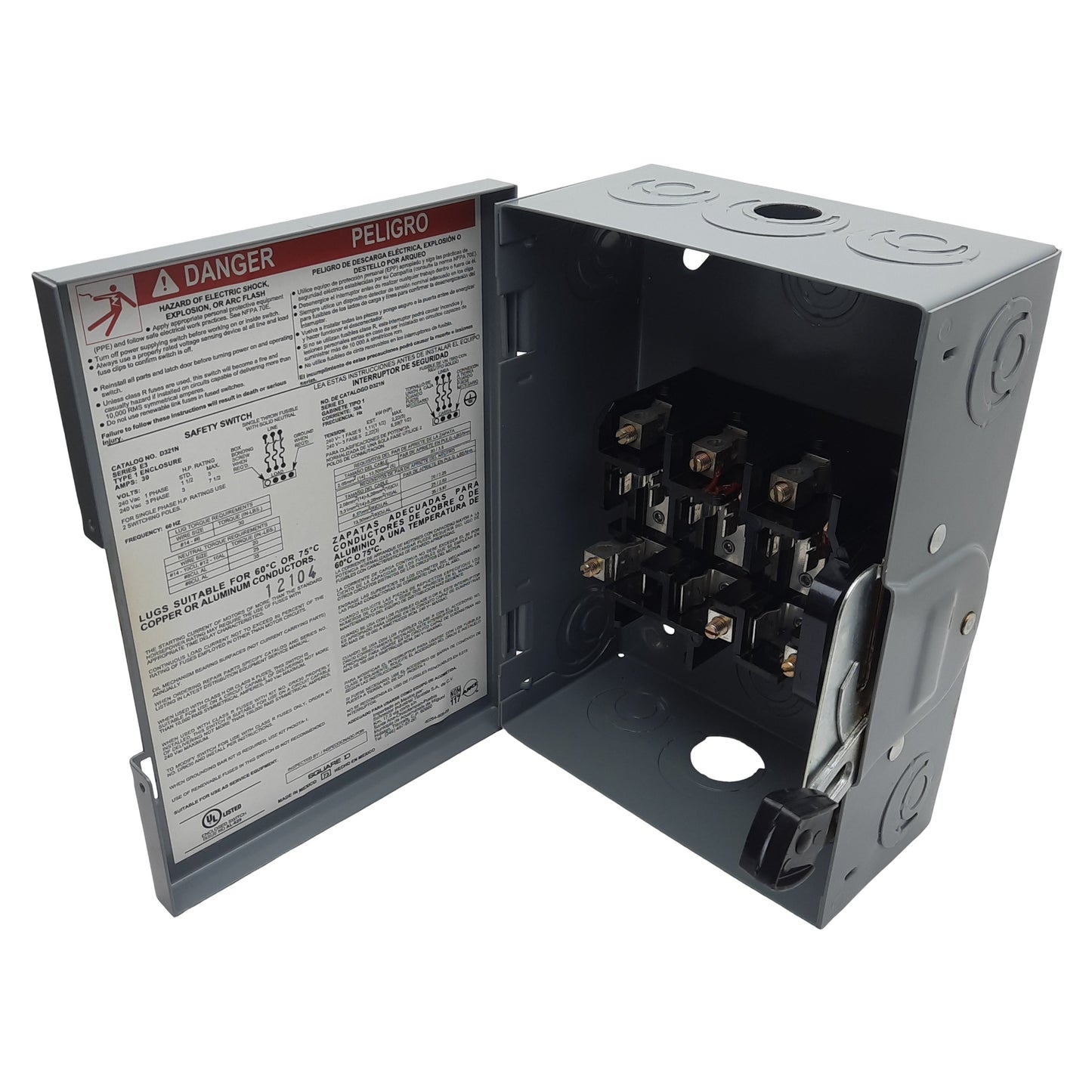 Used Square-D D321N General Duty Safety Switch, 3-Pole 3PH, 30A 240VAC, H/K/R Fuse