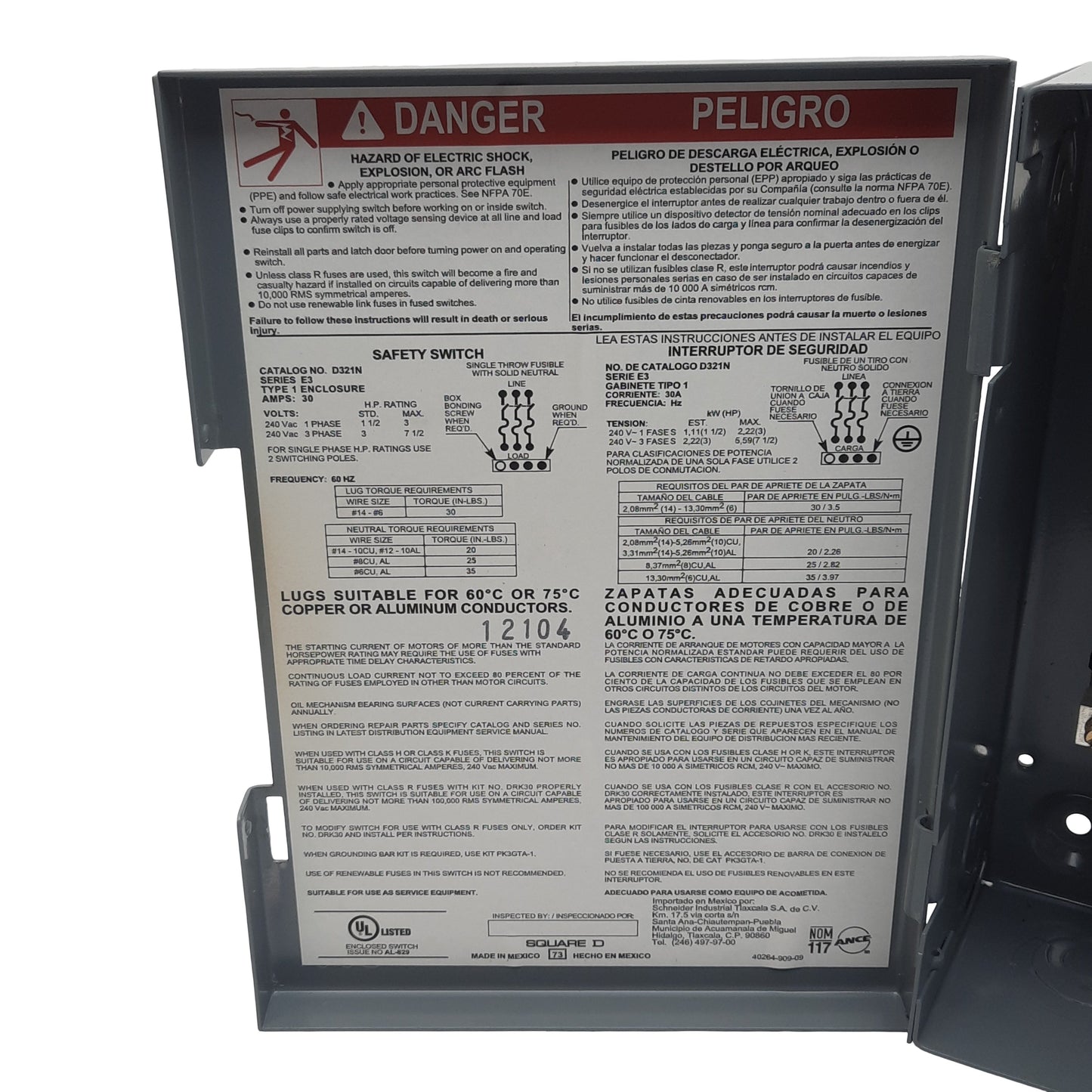 Used Square-D D321N General Duty Safety Switch, 3-Pole 3PH, 30A 240VAC, H/K/R Fuse
