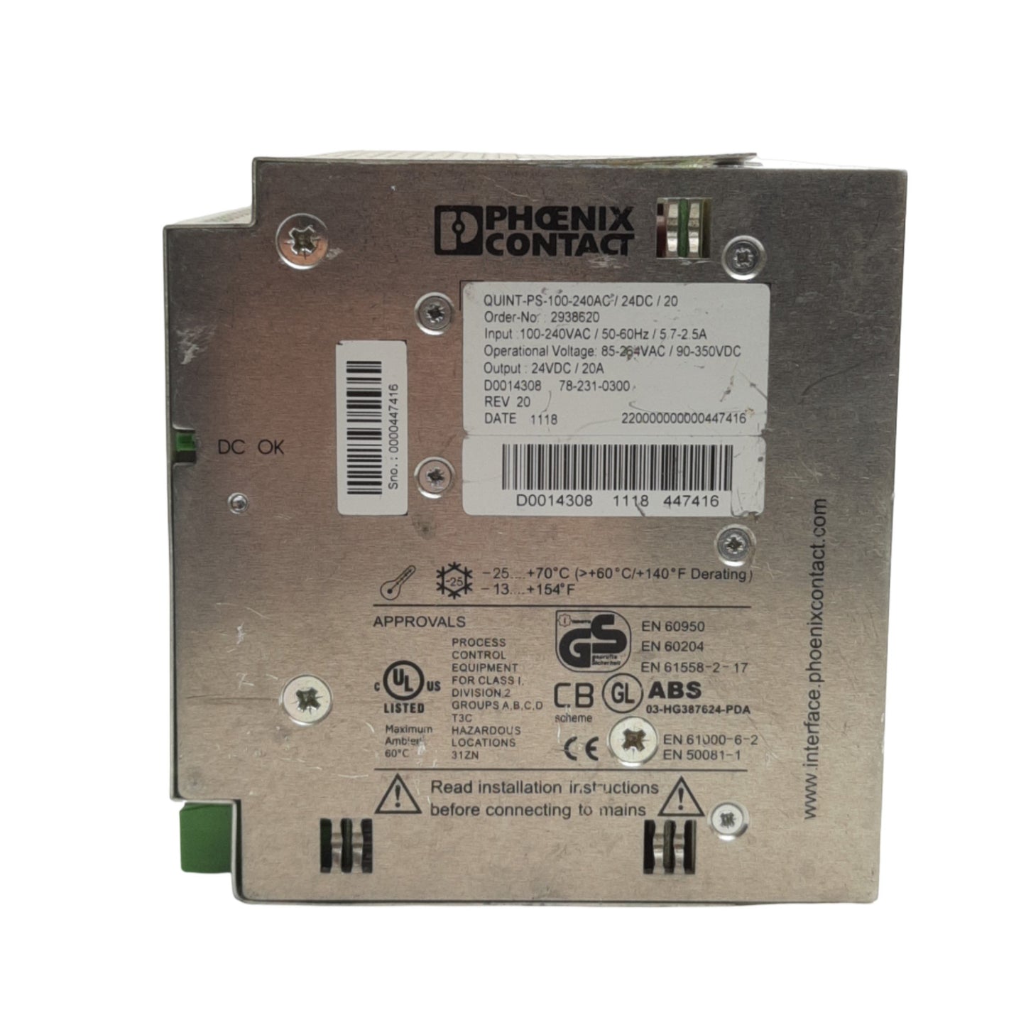 Used Phoenix Contact QUINT-PS-100-240AC/24DC/20 Power Supply 100-240VAC In, 24VDC Out