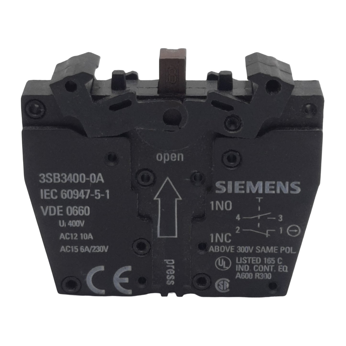 Used Siemens 3SB3400-0A Pushbutton Contact Block 1NO+1NC, 10A 400VAC/VDC, Front Mount