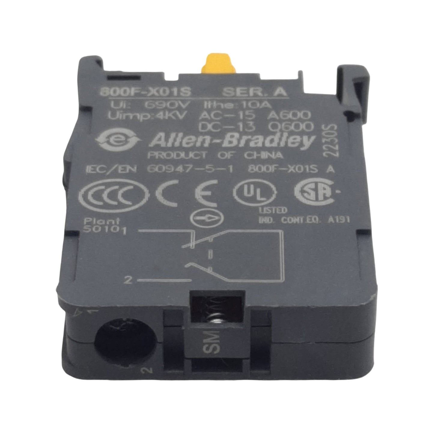 Used Allen Bradley 800F-X01S Pushbutton Contact Block, 1N.C SM, 10A 600VAC, 22mm