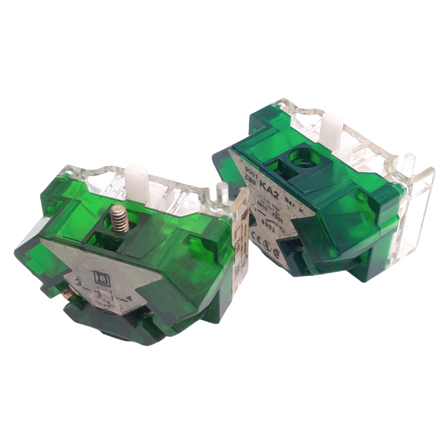 Used Lot of 2 Square D 9001KA2 Contact Blocks for 30mm Button, 1 N.O., 600V 10A Max
