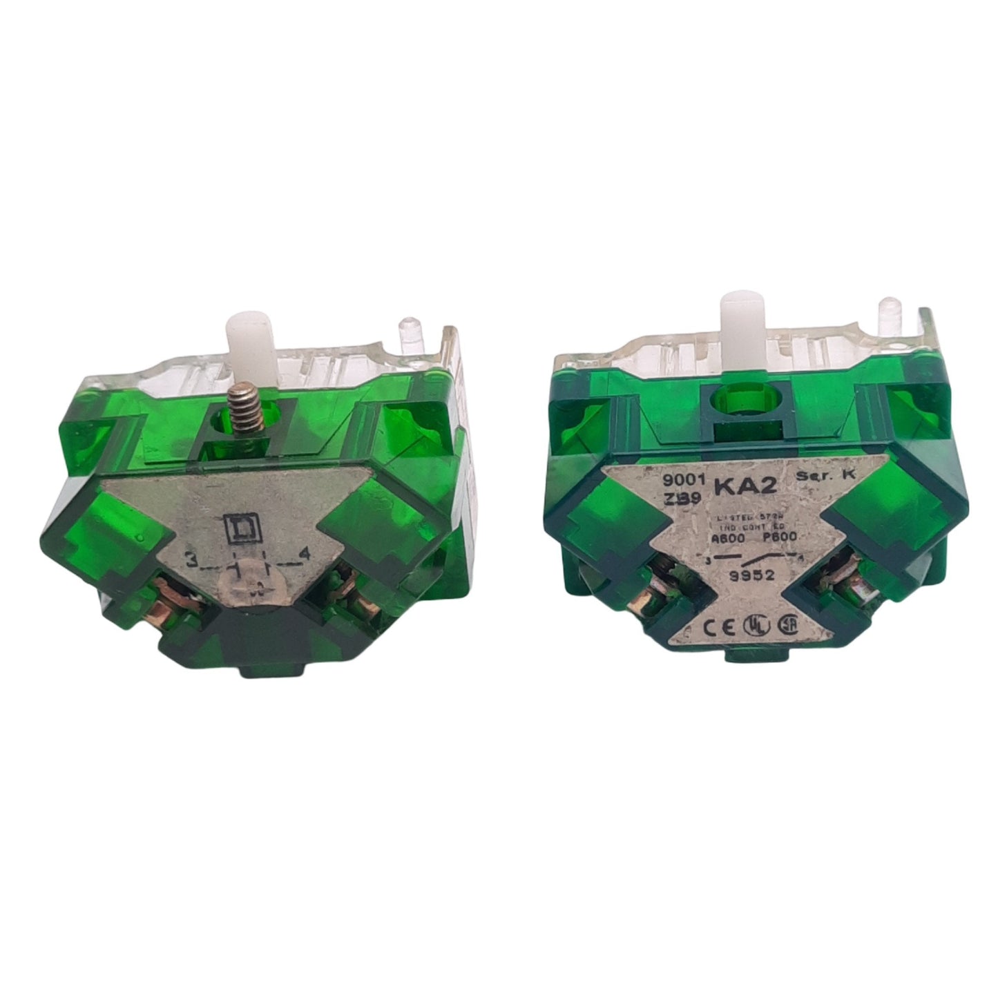 Used Lot of 2 Square D 9001KA2 Contact Blocks for 30mm Button, 1 N.O., 600V 10A Max