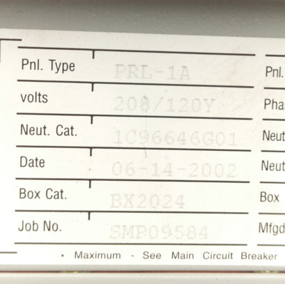 Used Cutler Hammer PRL-1A Panelboard w/ Breakers, 100A, 208/120Y VAC, 18 Terminals
