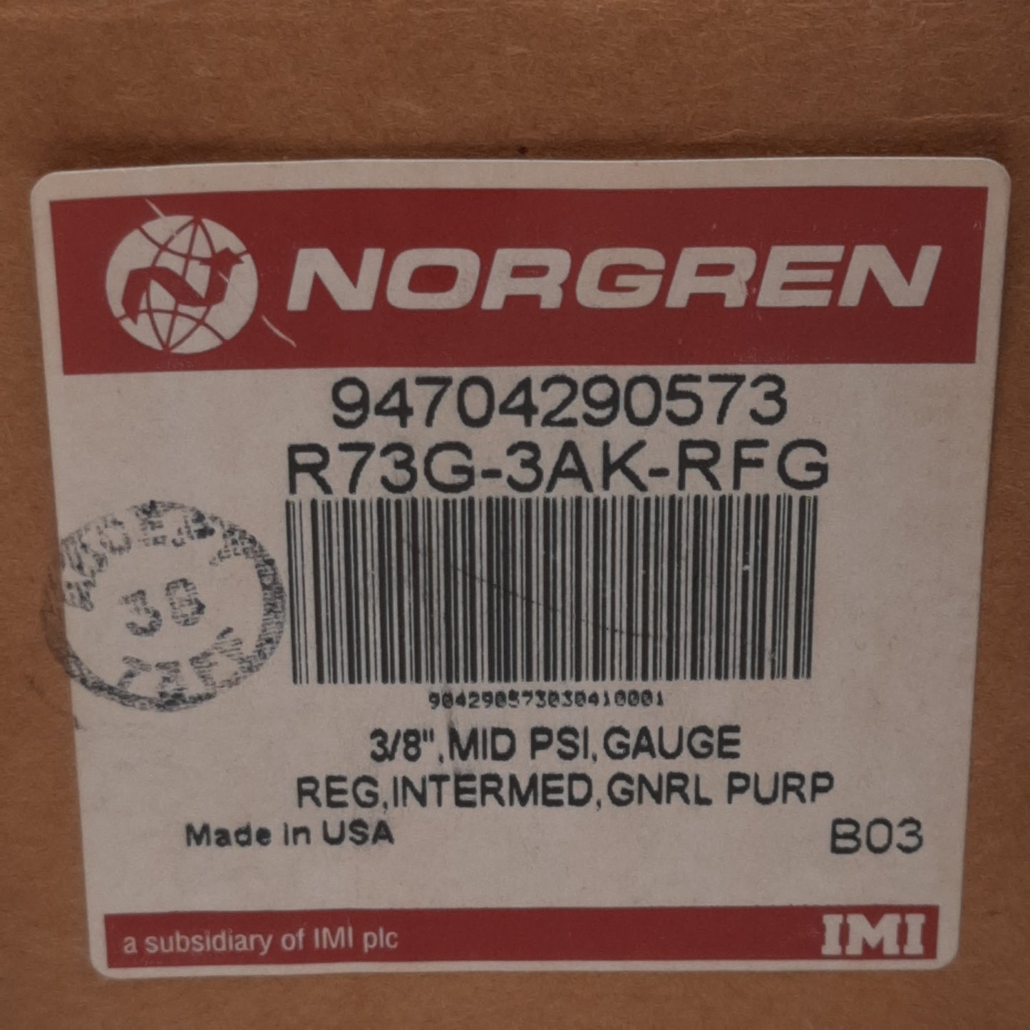 New Norgren R73G-3AK-RFG Pressure Regulator, 20bar In, 10bar Out, 127scfm, 3/8in PTF