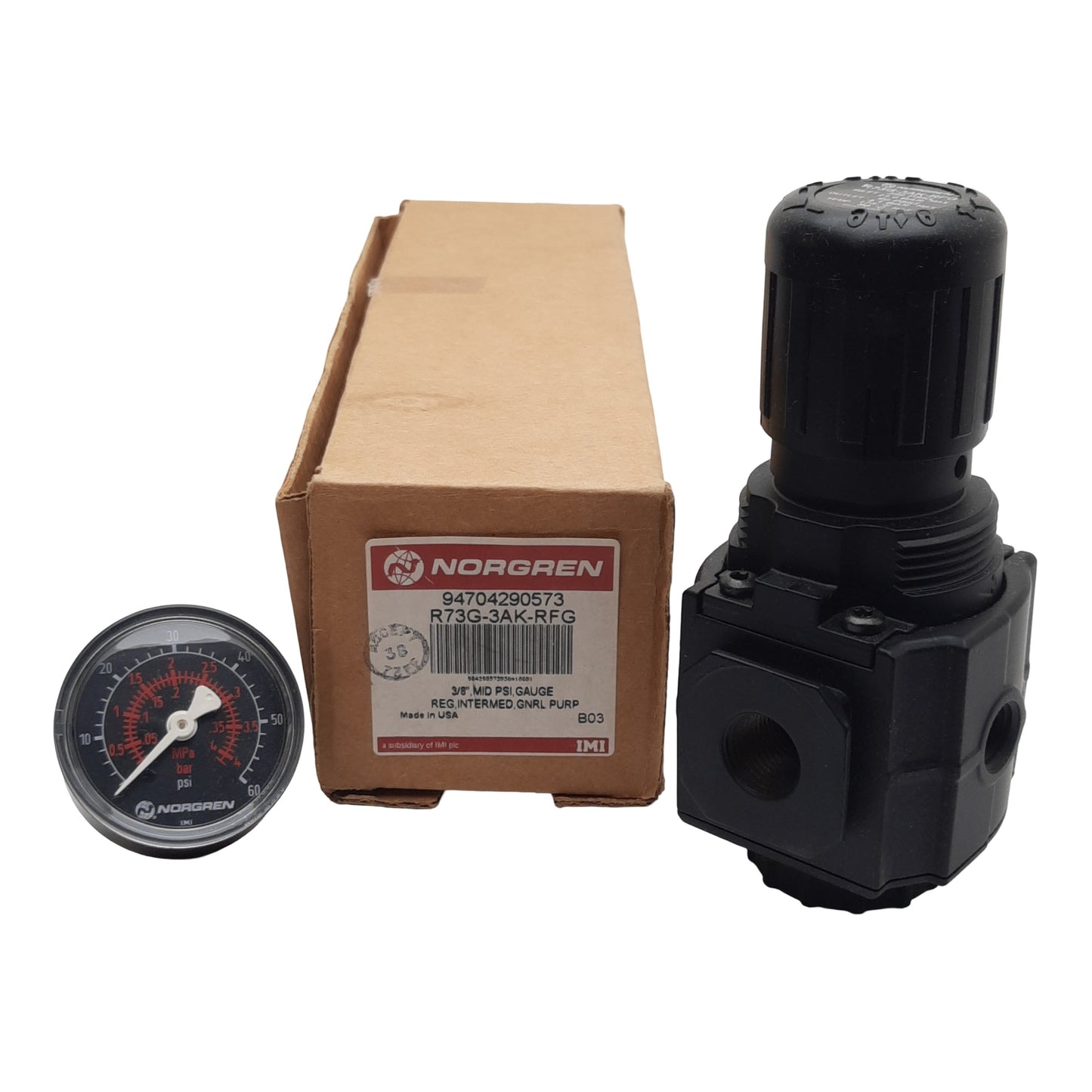 New Norgren R73G-3AK-RFG Pressure Regulator, 20bar In, 10bar Out, 127scfm, 3/8in PTF