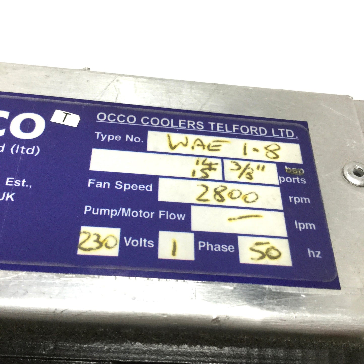 Used Occo WAE 1.8 Fan Air-Blown Water Cooler Heat Exchanger 230VAC 50Hz 10LPM 15bar