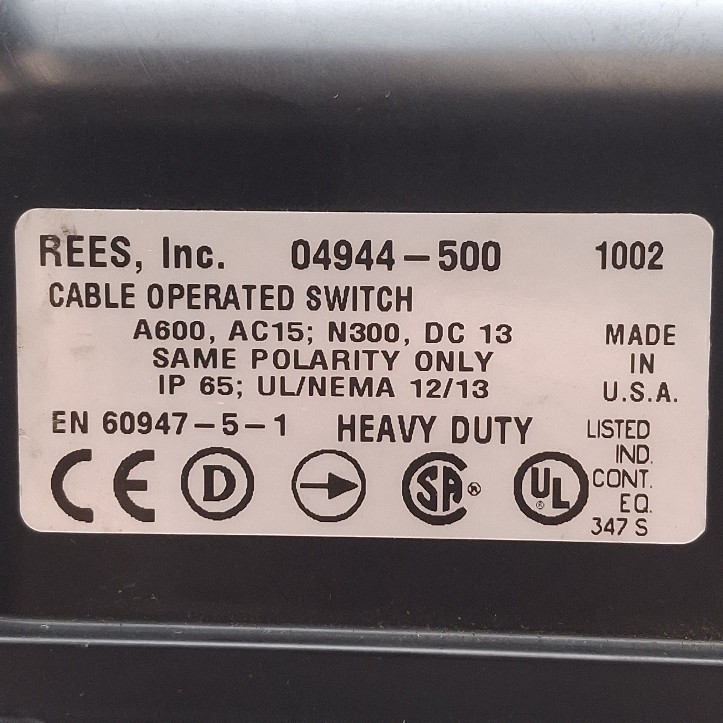 Used REES 04944-500 Cable Operated Switch, DPST-NO/NC, 6A 120VAC / 2.2A 125VDC