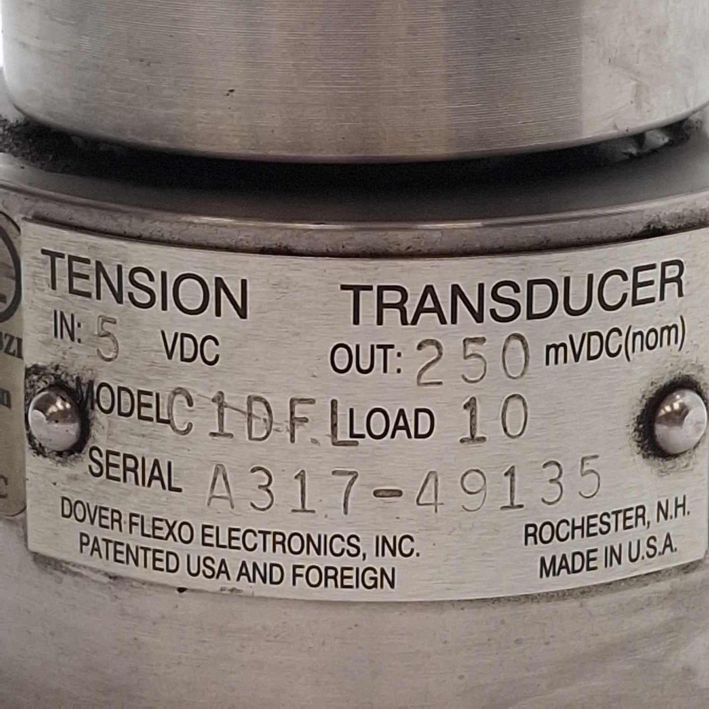 Used Dover Flexo C1DFL Tension Transducer, 10lbs Load, 5VDC Input, 250mVDC Output