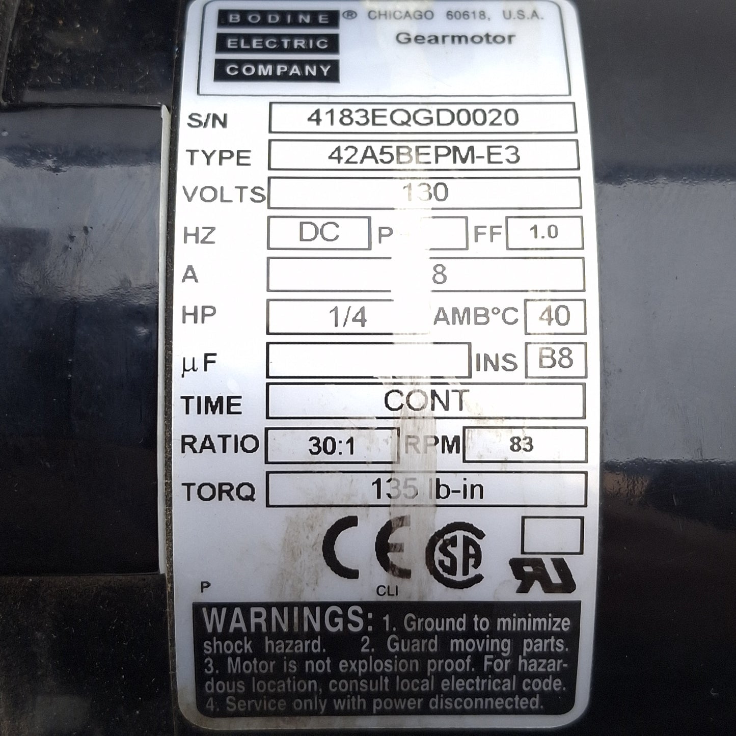 Used Bodine 42R5BEPM-E3 DC Motor 30:1 130VDC 1.8A 1/4HP 83RPM 135in-lb ø3/4in Shaft