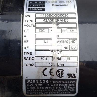 Used Bodine 42R5BEPM-E3 DC Motor 30:1 130VDC 1.8A 1/4HP 83RPM 135in-lb ø3/4in Shaft