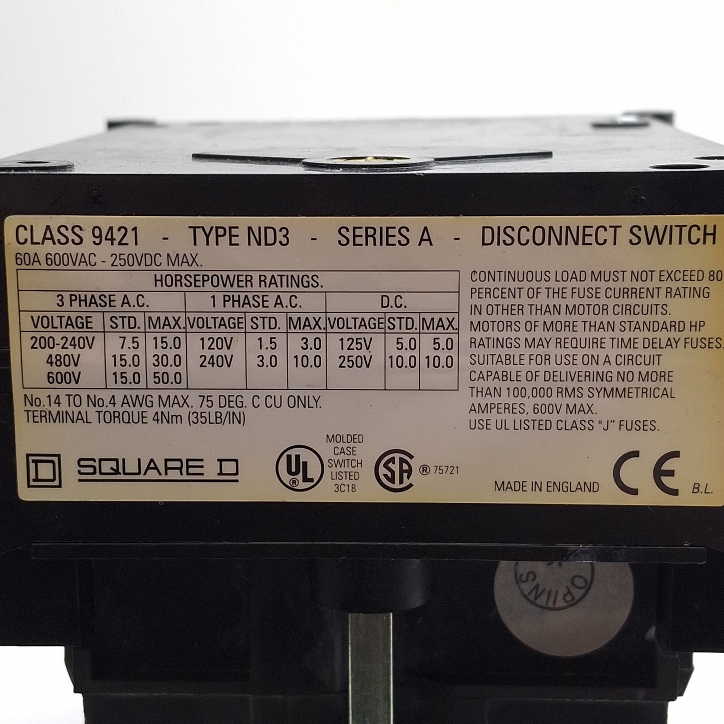 Used Square D 9421-ND3 Fusible Rotary Disconnect Switch, 3-Pole, 60A 600VAC/250VDC