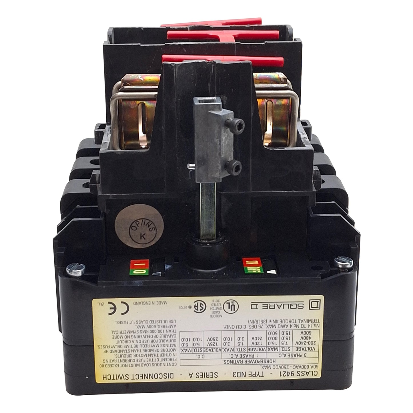 Used Square D 9421-ND3 Fusible Rotary Disconnect Switch, 3-Pole, 60A 600VAC/250VDC