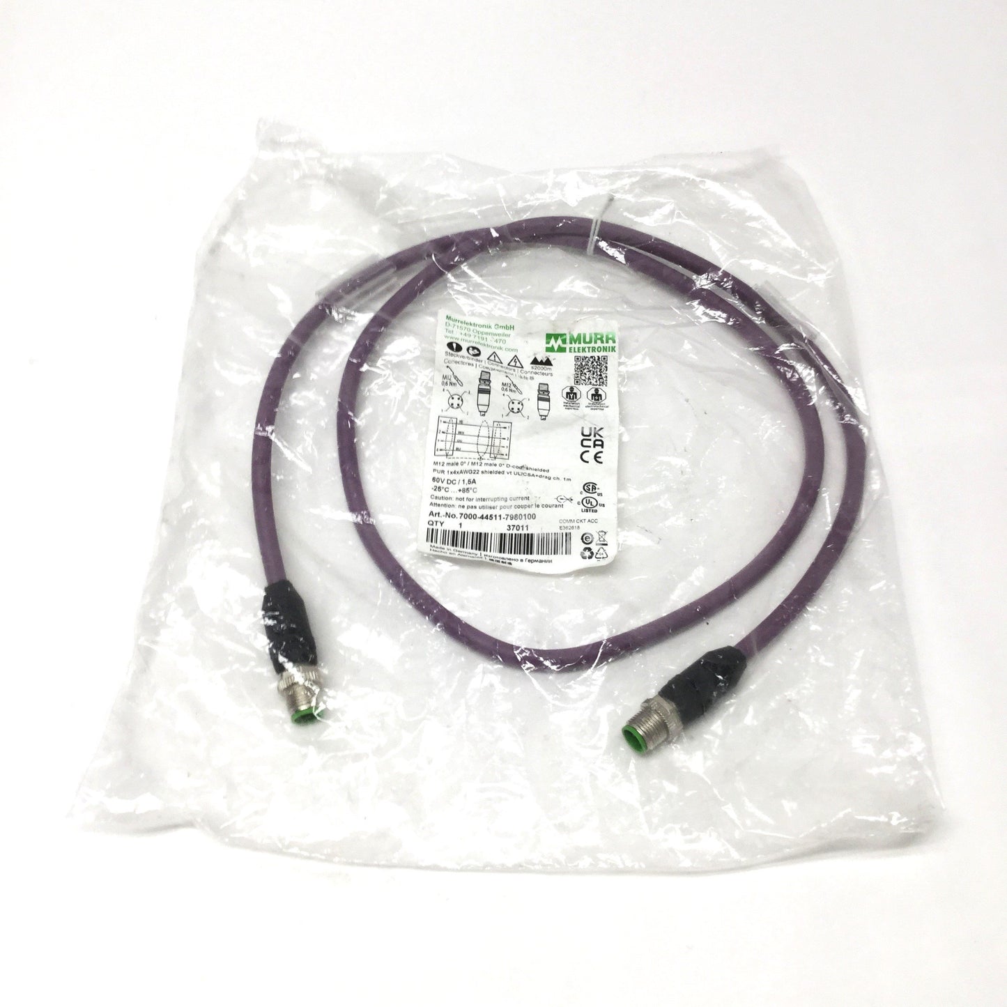 New Murr 7000-44511-7980100 CAT5e Ethernet Cordset M12 4-Pin Male-Male, D-Code, 1m