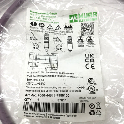 New Murr 7000-44511-7980100 CAT5e Ethernet Cordset M12 4-Pin Male-Male, D-Code, 1m