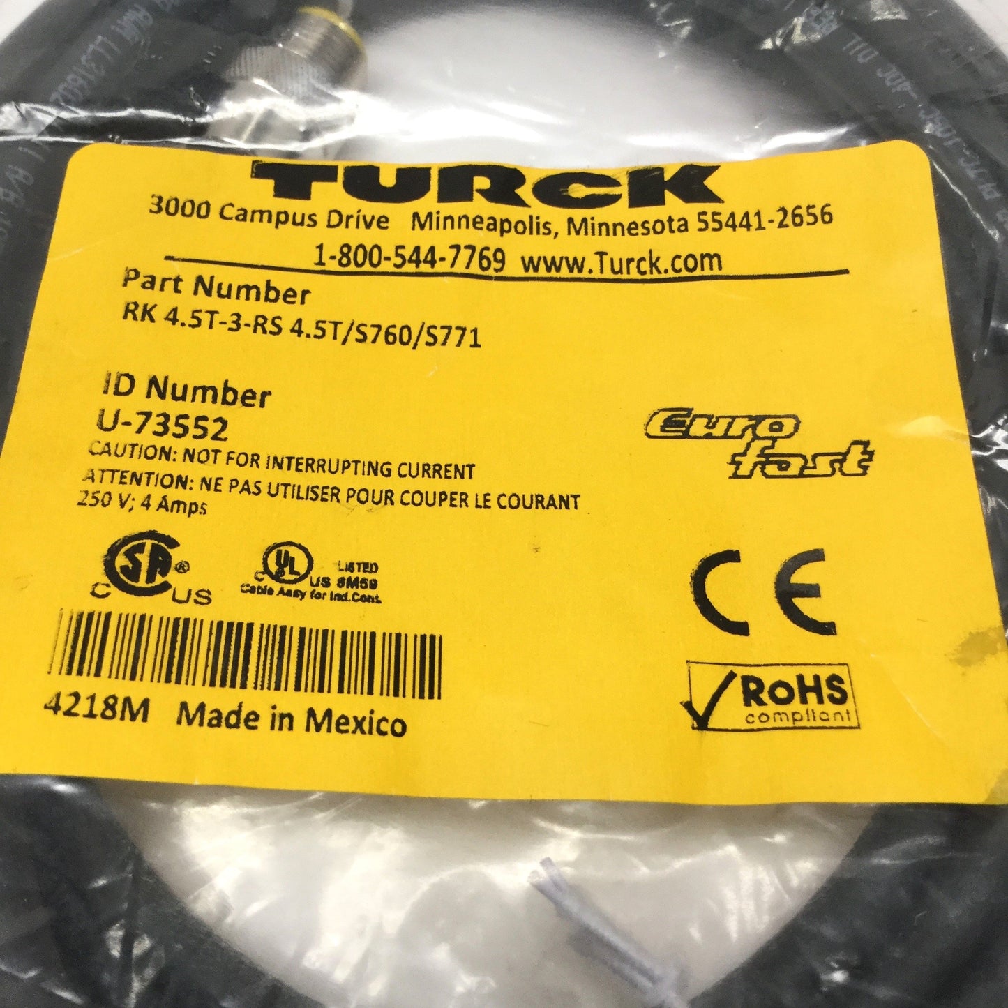 New Turck RK 4.5T-3-RS 4.5T/S760/S771 Eurofast Cordset Sensor Cable, 3m, M12 5-Pin