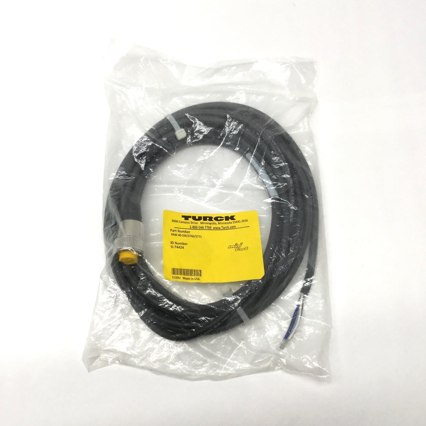 New Turck RKM 40-5M/S760/S771 Minifast Cordset Cable 7/8" 4-Pin Female to Leads, 5m